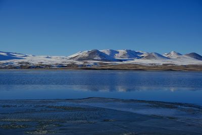 Scenic view of snowcapped mountains against clear blue sky