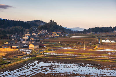 Local japanese farm village in morning near magome juku preserved town, kiso valley