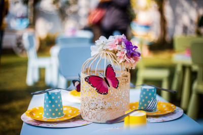 Close-up of cake served on table