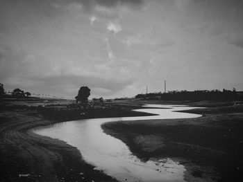 Puddle on landscape against sky