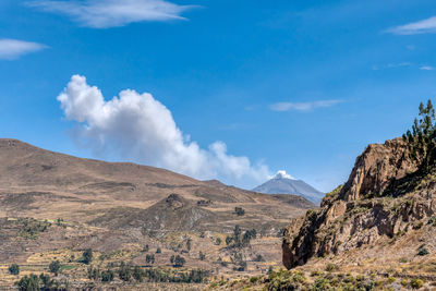 Scenic view of landscape and mountains against blue sky