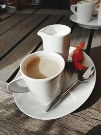 High angle view of coffee cup on table