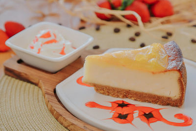 Close-up of dessert served on table