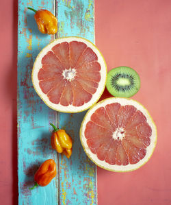 High angle view of orange slices on table