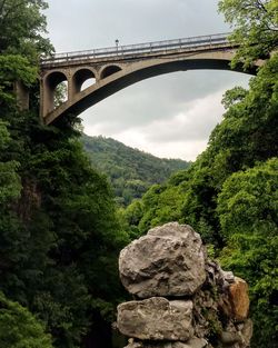 Arch bridge amidst trees and mountains