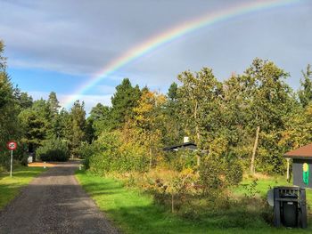 Scenic view of rainbow over trees against sky