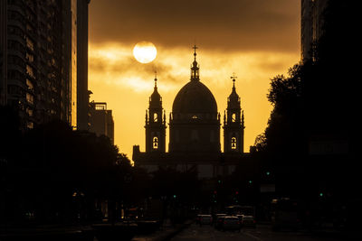 Beautiful view to historic church building during sunrise downtown