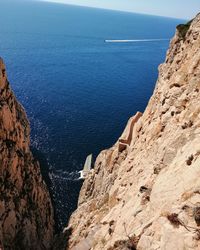 High angle view of sailboats on sea against sky