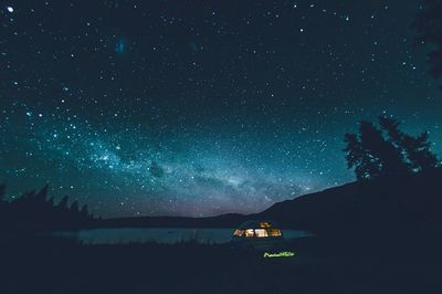 Illuminated tent at lake against sky at night