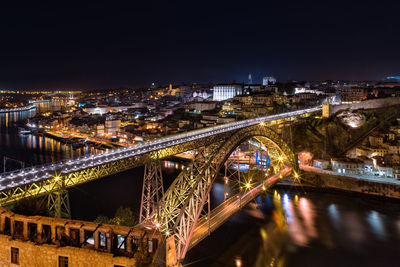 Illuminated bridge over river in city at night