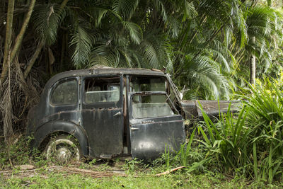 Abandoned car on field