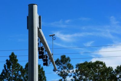 Low angle view of hanging tree against blue sky