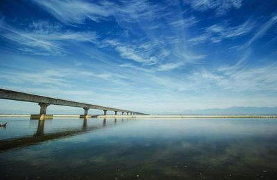 Bridge over calm river against sky