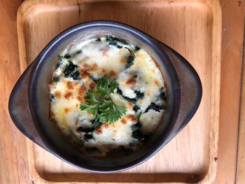 High angle view of breakfast in bowl on table