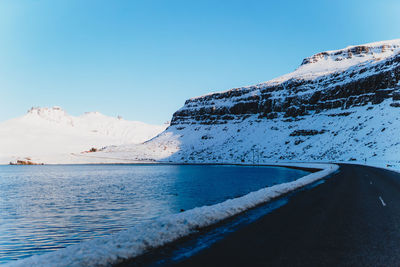 Scenic view of snowcapped mountains against clear blue sky