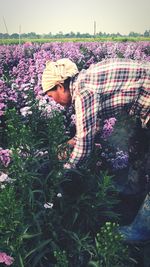 Full length of young woman standing by flowering plants