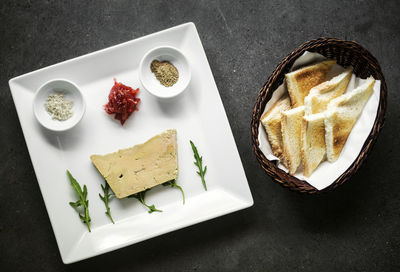 High angle view of breakfast served on table