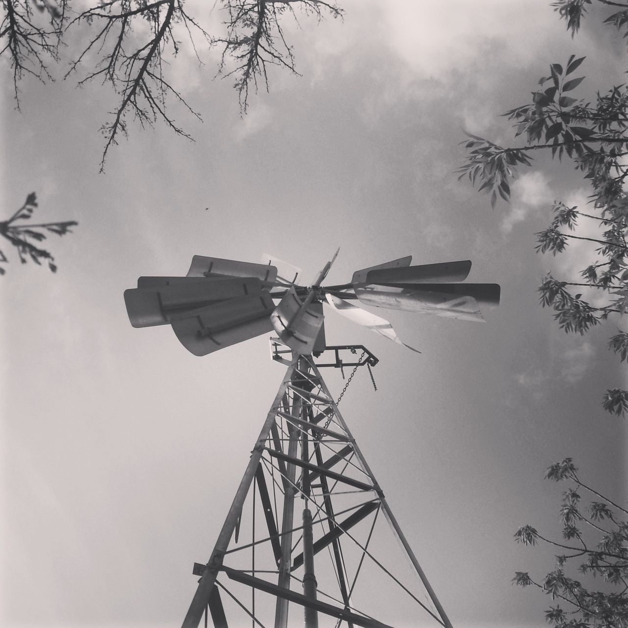 low angle view, sky, tree, technology, fuel and power generation, cloud - sky, electricity, silhouette, tall - high, electricity pylon, cloudy, outdoors, environmental conservation, day, nature, no people, power supply, crane - construction machinery, overcast, weather
