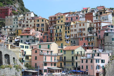 Residential buildings against clear sky