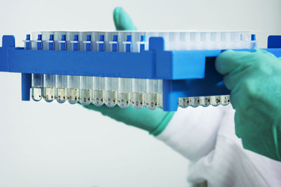 Cropped image of scientist holding test tube rack at laboratory  person