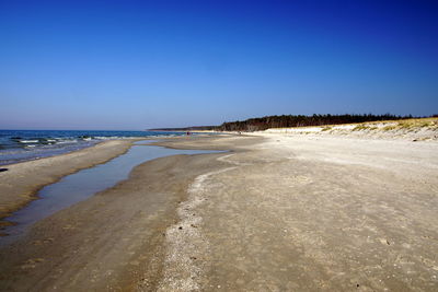 Scenic view of beach against clear blue sky