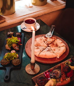 High angle view of meal served on table