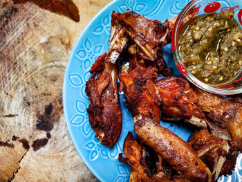 High angle view of meal served on table