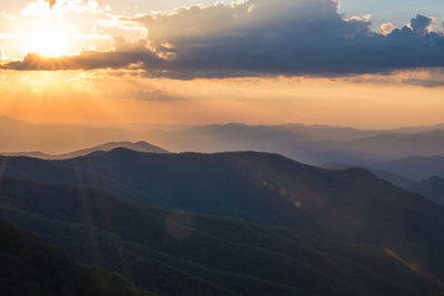 Scenic view of mountains against sky during sunset