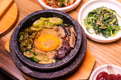 High angle view of food in bowl on table