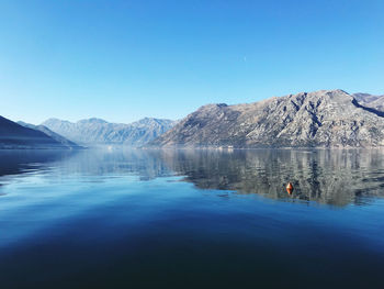 Scenic view of lake against clear blue sky