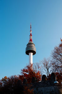 Low angle view of communications tower against sky