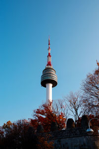 Low angle view of communications tower against sky, namsan tower in seoul, south korea