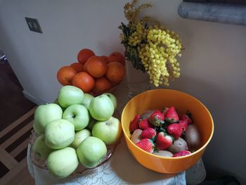 High angle view of fruits in bowl on table