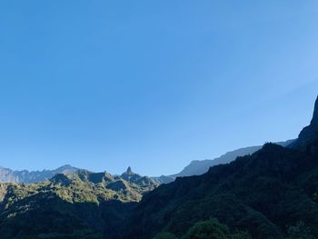 Scenic view of mountains against clear blue sky