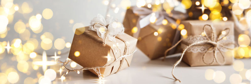 Close-up of christmas decorations on table