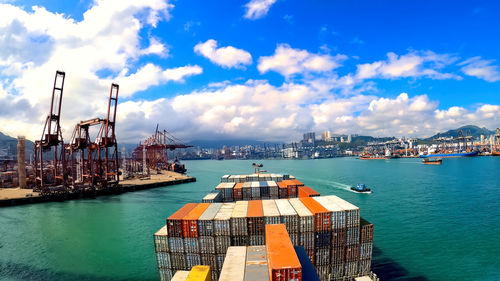 Container ship loading and unloading in sea port,hong kong