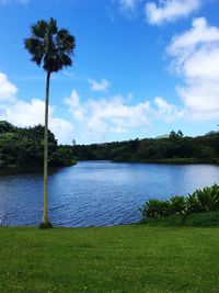 Scenic view of lake against cloudy sky