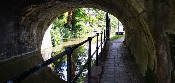 Arch bridge over canal amidst trees