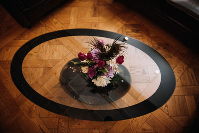 High angle view of flower vase on table