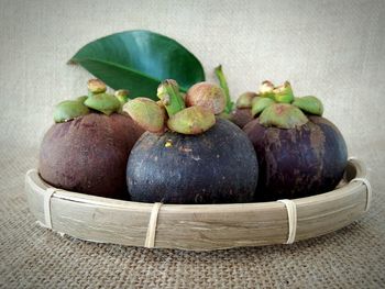 Close-up of fruits in bowl against white background