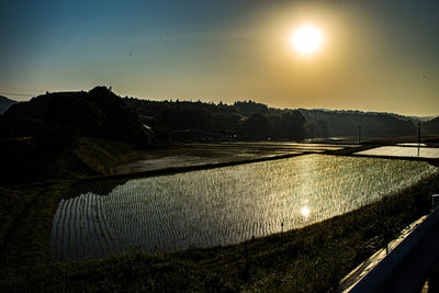 Scenic view of lake against sky during sunset