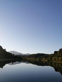 Scenic view of lake against clear blue sky
