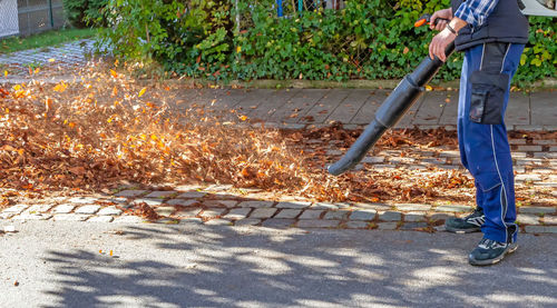 Low section of man working on plants