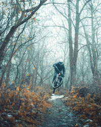 Man riding bicycle in forest