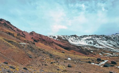 Scenic view of snowcapped mountains against sky