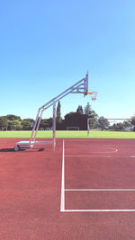 View of wind turbines on field against clear sky