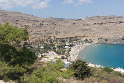 High angle view of trees on landscape against sky