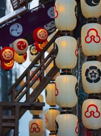 Multi colored lanterns hanging on shelf