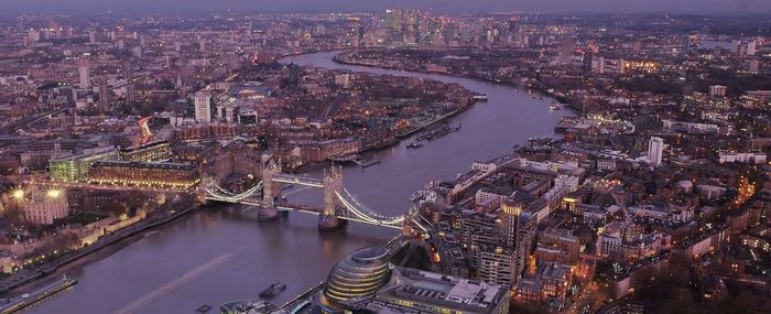 High angle view of illuminated city at night