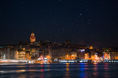 Illuminated city by river against star field at night